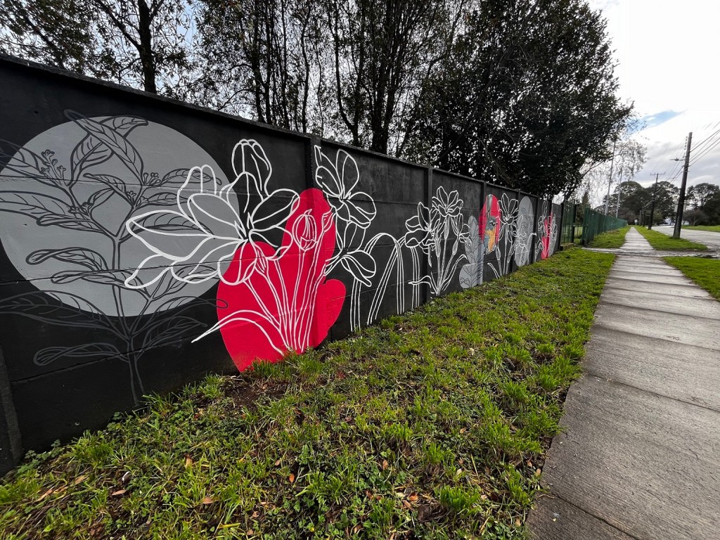 La intervención de la artista local Constanza Jauregui y ubicada en el exterior del Estadio ANFA de Llanquihue, se titula “Entre muros y chucaos” y apunta a enriquecer este espacio público, promoviendo el cuidado del entorno y sentido de pertenencia a través del arte.