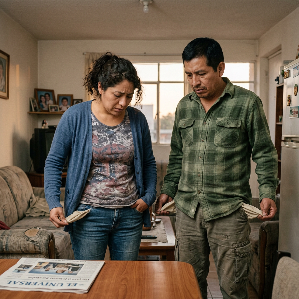 Couple inside their home looking down at empty pockets expressing worry