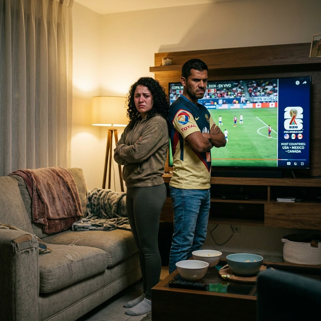 Man angrily talking to woman sitting on couch during soccer game